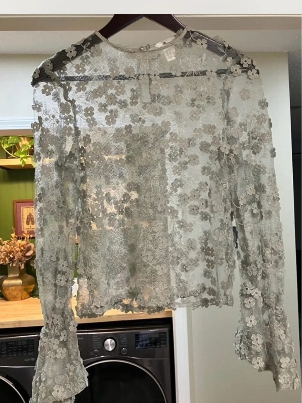 H&M Sage Green Sheer Floral Lace Long-Sleeve Blouse Size US 4